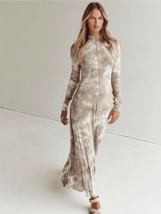 DISSH Dresses & Skirts - DISSH Long Sleeve Tie-Dye Maxi Dress in Taupe and Cream